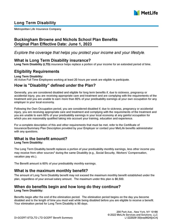 Long Term Disability Benefit Summary - MetLife - Page 1