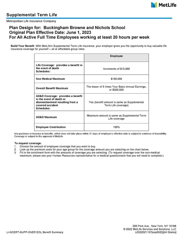 Supplemental Life Benefit Summary - MetLife - Page 1