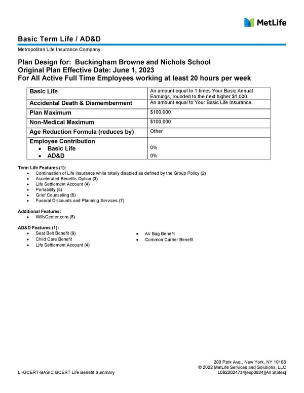 Basic Life Benefit Summary - MetLife - Page 1