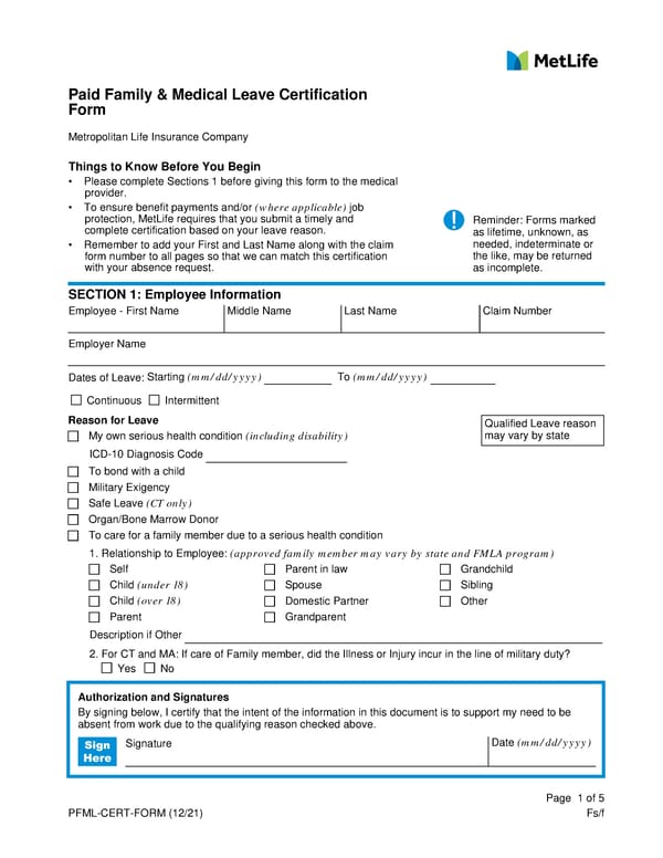 Paid Family & Medical Leave Certification Form - Page 1