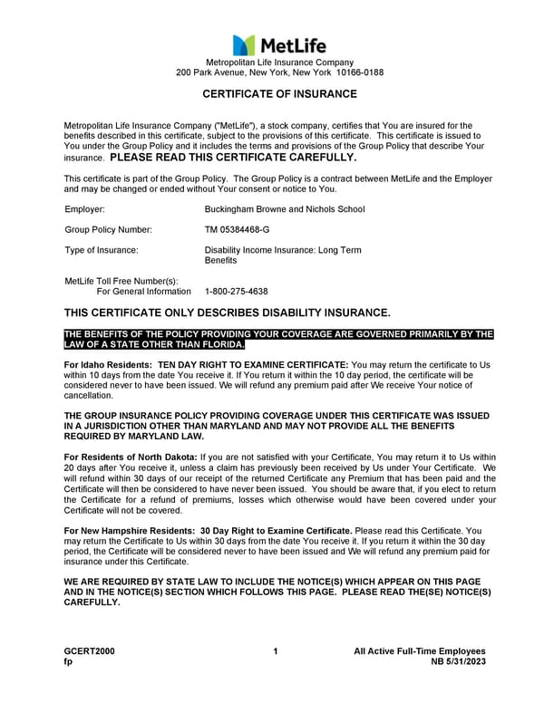 MetLife Long Term Disability Certificate - Page 1