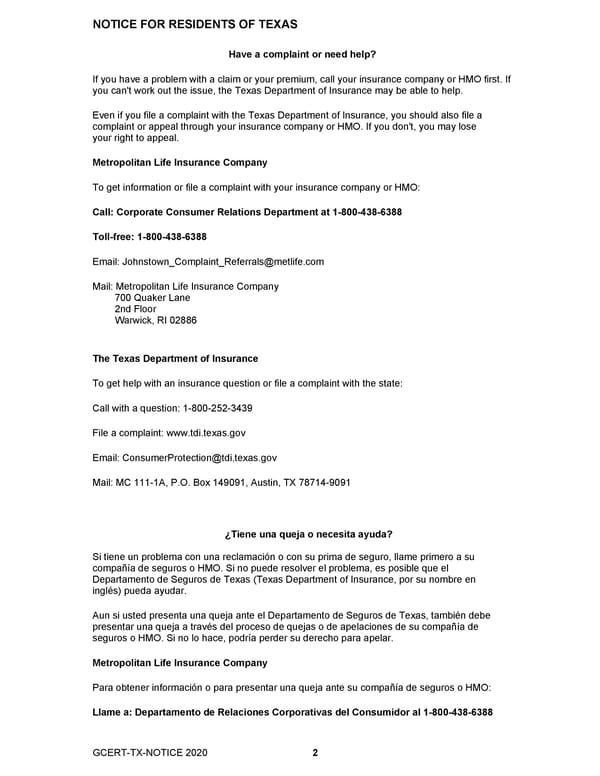 MetLife Long Term Disability Certificate - Page 2