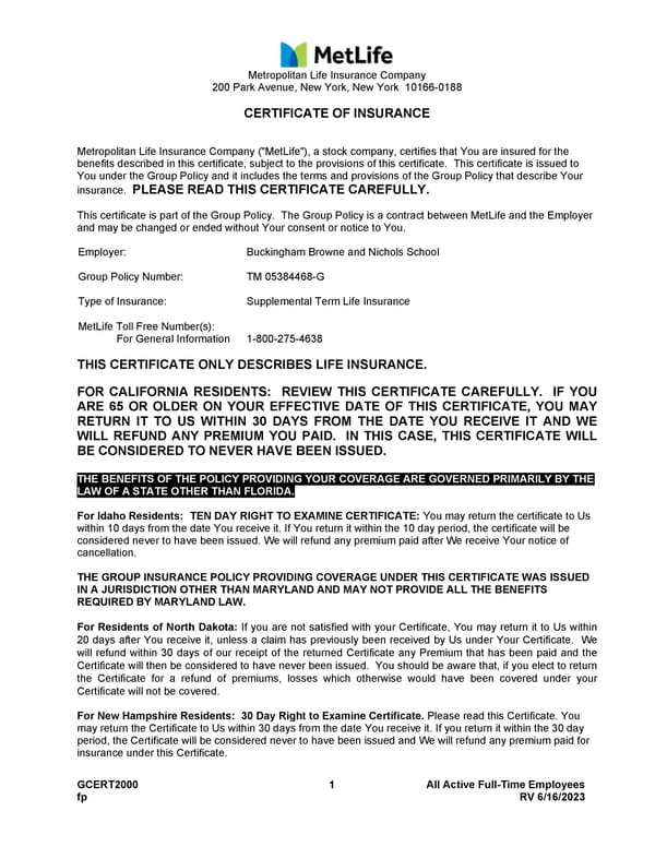 MetLife Voluntary Life Insurance Certificate - Page 2