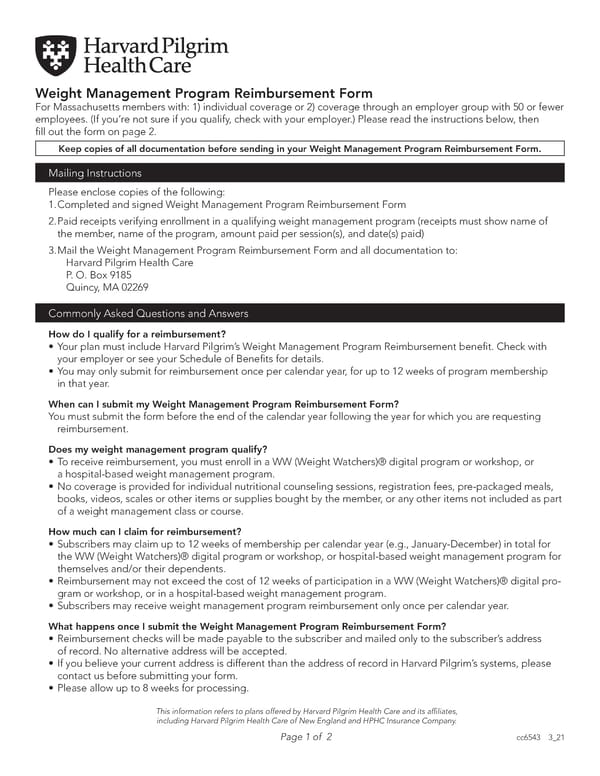 HPHC Weight Management Program Reimbursement Form - Page 1
