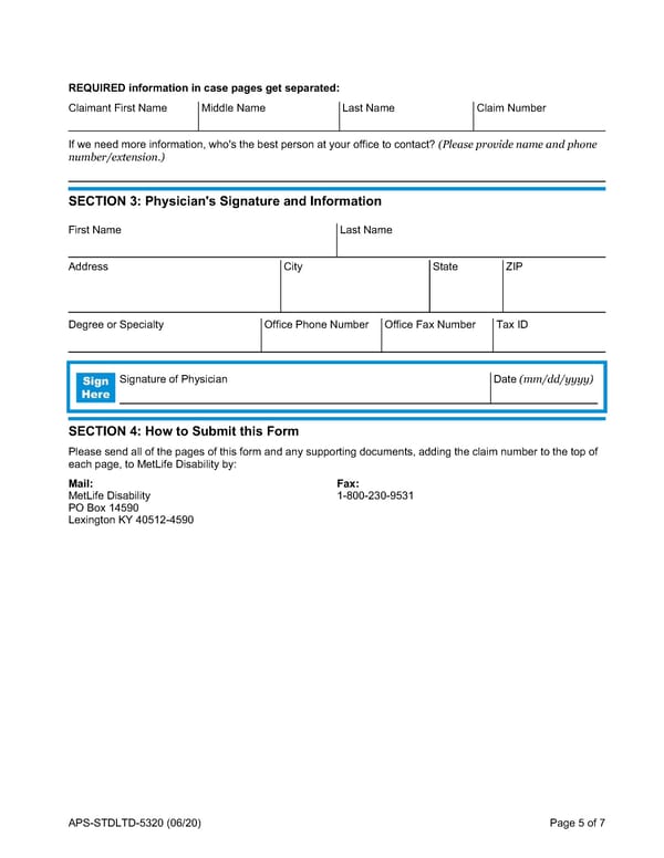 LTD STD Claim Physicians Statement - Page 5