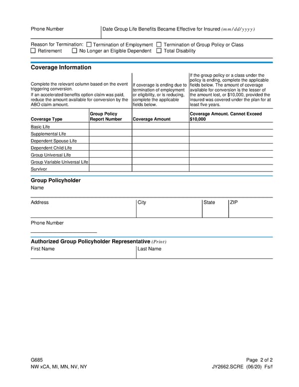 MetLife Notice of Group Life Insurance Conversion Privilege Form - Page 2