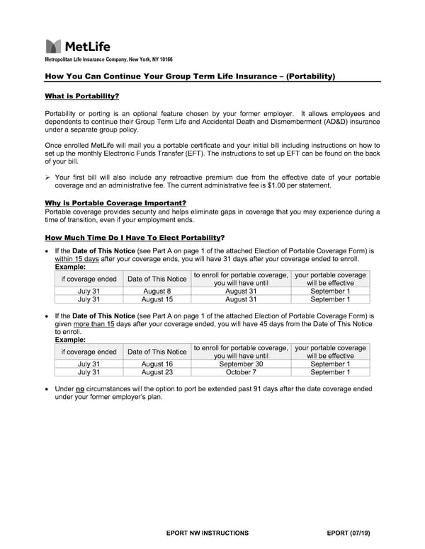 MetLife Election of Portable Coverage Form - Page 1