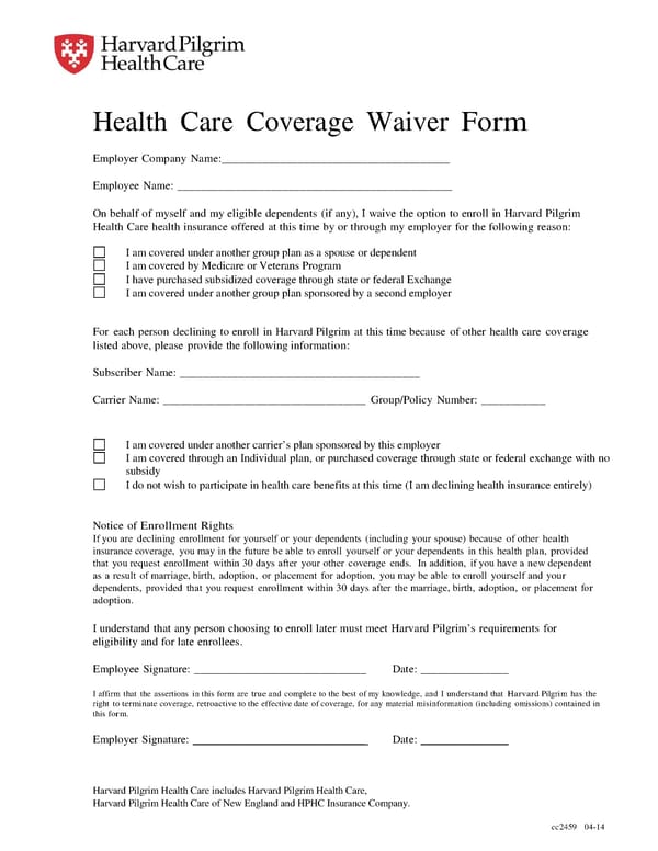 Harvard Pilgrim Healthcare Waiver Form - Page 1