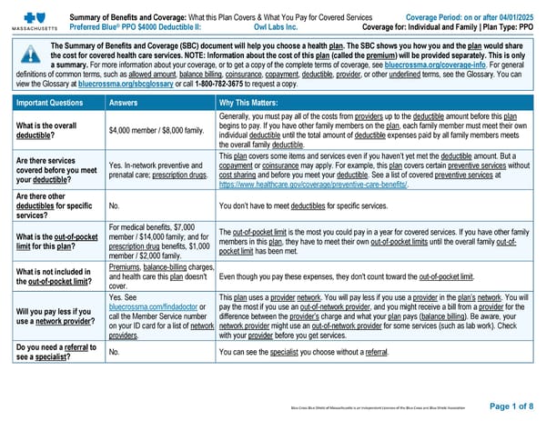 Summary of Benefits and Coverage - Preferred Blue PPO $4000 Deductible II - Page 1