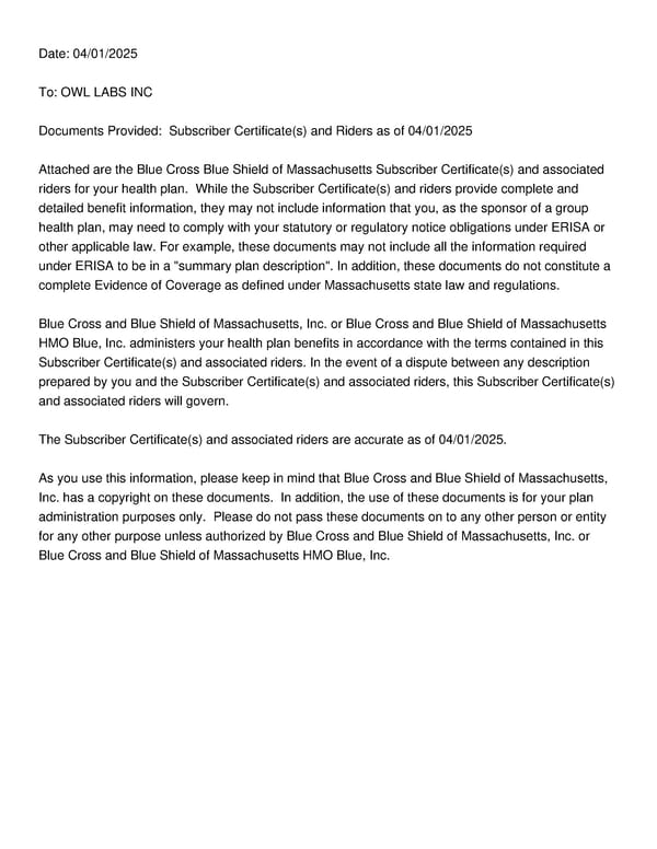 Blue Cross Blue Shield of Massachusetts Subscriber Information - Page 1
