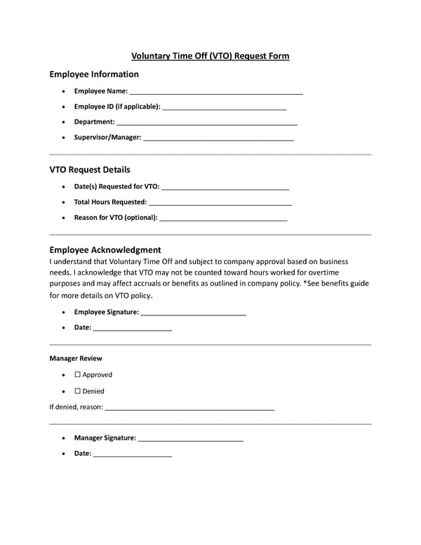 Voluntary Time Off (VTO) Request Form - Page 1